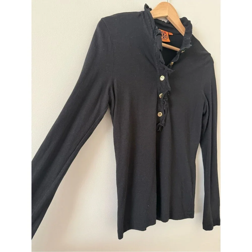Tory Burch Black Long-Sleeve Ruffle Collar Henley Size M